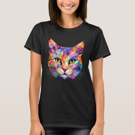 Kleurrijk Geometrisch Kattengezicht Low Poly Drieh T-shirt (Voorkant)