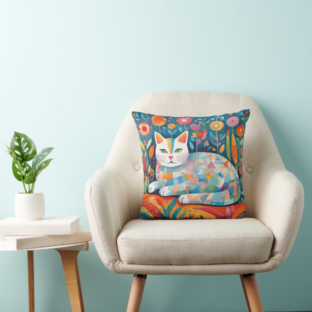 Kleurrijk geometrisch kattenontwerp, Abstracte kat Kussen (Stoel)