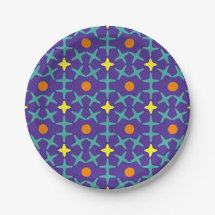 Kleurrijk geometrisch patroon met blauwe kruis papieren bordje