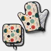 Kleurrijk geometrisch patroon uit het midden van d ovenwant & pannenlap set (Voorkant / Achterkant)