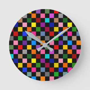 Kleurrijk geruit patroonontwerp Zwart Ronde Klok