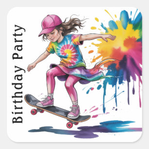 Kleurrijk geschilderd meisje skateboarder verjaard vierkante sticker