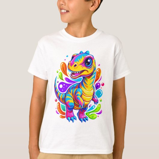 Kleurrijk gestreept dino plezier t-shirt (Voorkant)