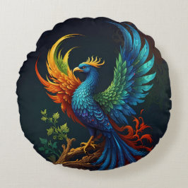 Kleurrijk Gevederd Phoenix Vogel Patroon  Rond Kussen