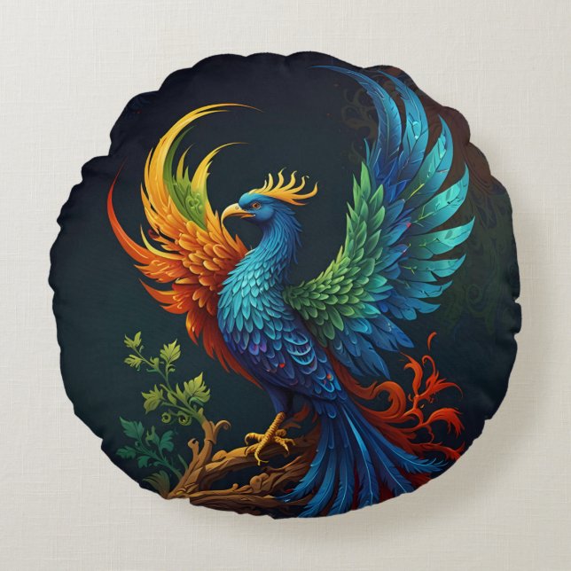 Kleurrijk Gevederd Phoenix Vogel Patroon  Rond Kussen (Voorkant)