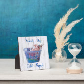 Kleurrijk gevouwen wasgoed op hanen in een blauwe  fotoplaat (Insitu)