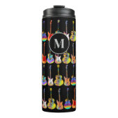 Kleurrijk gitaarpatroon op zwart monogram thermosbeker (Voorkant)