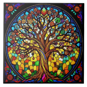Kleurrijk Glas in lood Big Tree Naturel Inspired Tegeltje