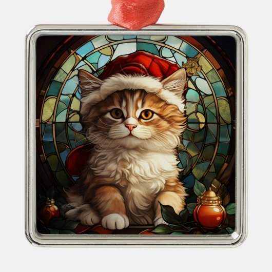 KLEURRIJK GLAS IN LOOD SINAASAPPEL TABBY KITTEN METALEN ORNAMENT (Voorkant)