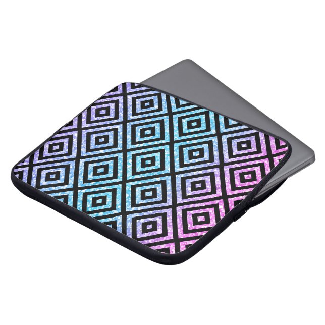 Kleurrijk glitter- en zwart geometrisch patroon laptop sleeve (Voorkant top)