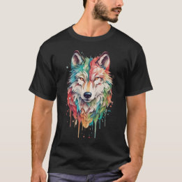 Kleurrijk Graffiti Geschilderd Wolf Portret T-shirt