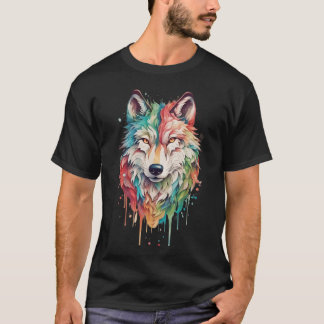 Kleurrijk Graffiti Geschilderd Wolf Portret T-shirt