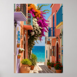Kleurrijk Grieks kustdorp Bougainvillea Muur Poster