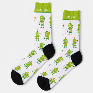 Kleurrijk groen robotpatroon en tekst sokken