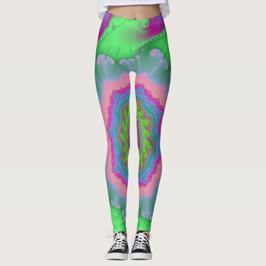 Kleurrijk groene en perzikfractaal leggings (Voorkant)