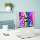 Kleurrijk & groot ik miauw je kat sticker (Laptop op bureau)