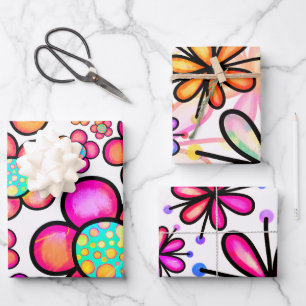 Kleurrijk Groovy 70's Doodle Bloemen Patroon Inpakpapier Vel