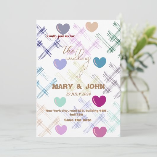 Kleurrijk Hartpatroon Huwelijksuitnodiging | Moder Kaart (Staand voorkant)