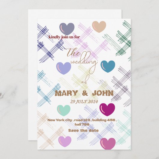 Kleurrijk Hartpatroon Huwelijksuitnodiging | Moder Kaart (Voorkant / Achterkant)