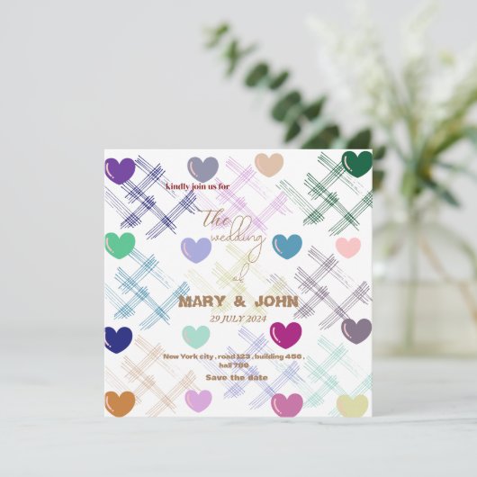 Kleurrijk Hartpatroon Huwelijksuitnodiging | Moder Save The Date (Staand voorkant)