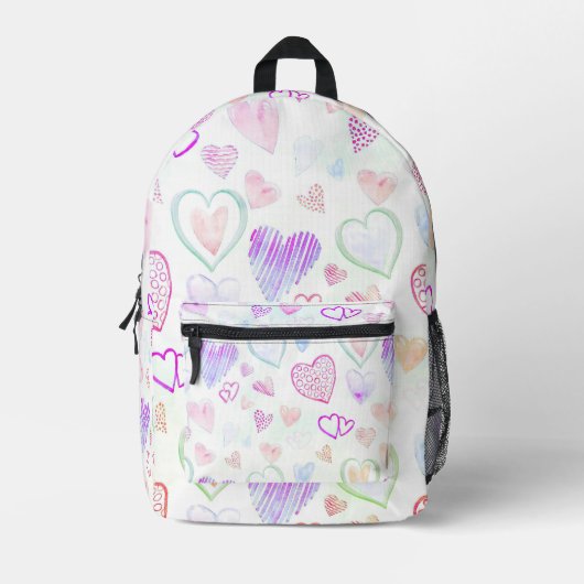 Kleurrijk hartpatroon over wit bedrukte rugzak (Voorkant)