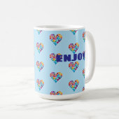 Kleurrijk Hearts Design, Blauw, Geniet!, Custom Koffiemok (Voorkant rechts)