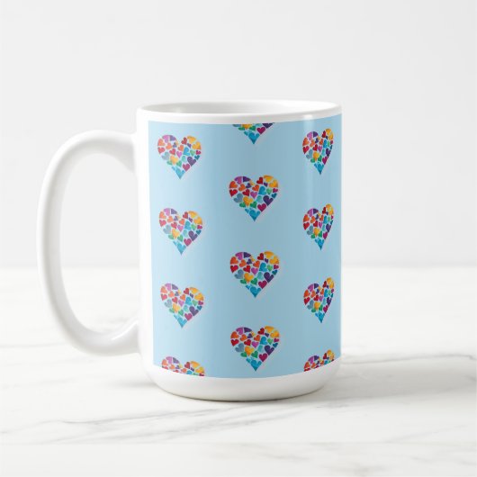 Kleurrijk Hearts Design, Blauw, Geniet!, Custom Koffiemok (Links)
