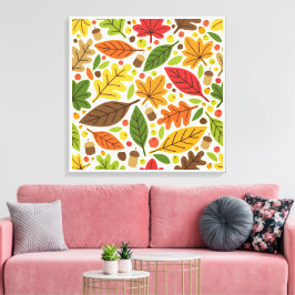 Kleurrijk Herfstblad en Eikel Patroon Canvas Afdruk