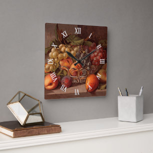 Kleurrijk herfstfruit antiek stilleven schilderij vierkante klok