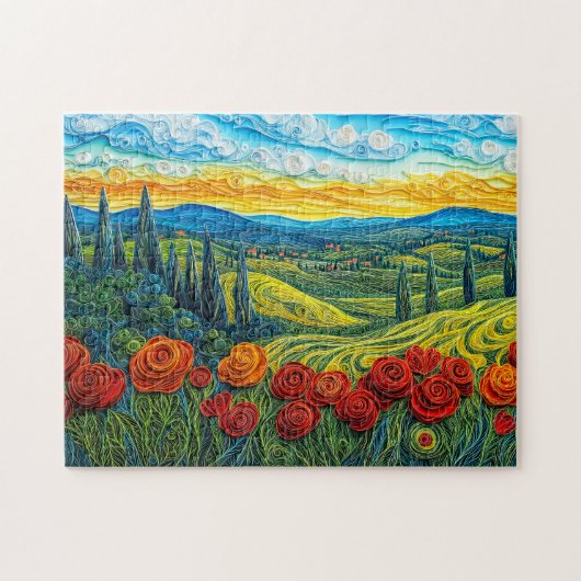 Kleurrijk heuvellandschap met klaprozenveld legpuzzel (Horizontaal)