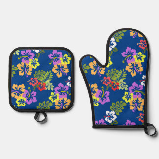 Kleurrijk Hibiscus Patroon in Blauw Ovenwant & Pannenlap Set