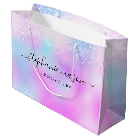 Kleurrijk holografisch glitter pastel meisjesachti groot cadeauzakje (Achterkant Gekanteld)