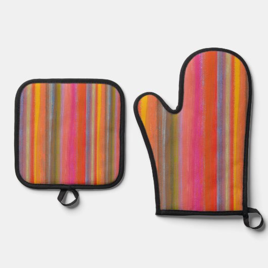 Kleurrijk Houtskool Boho Strepen Ovenwant & Pannenlap Set (Voorkant)