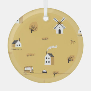 Kleurrijk huis, bomen, paarden landschap glas ornament