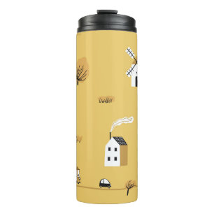 Kleurrijk huis, bomen, paarden landschap thermosbeker