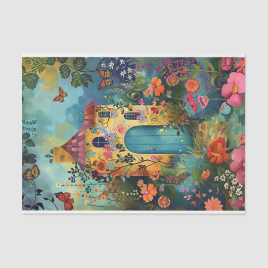 KLEURRIJK HUIS IN LENTE TUIN DECOUPAGE TISSUEPAPIER (Voorkant)