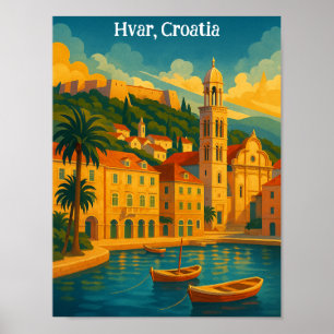 Kleurrijk Hvar Kroatië Vintage Reis Kunst Poster