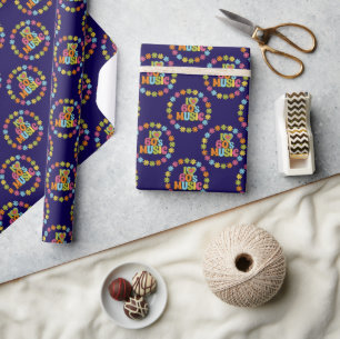 Kleurrijk I Love 60s Muziek op Donkerblauw Cadeaupapier