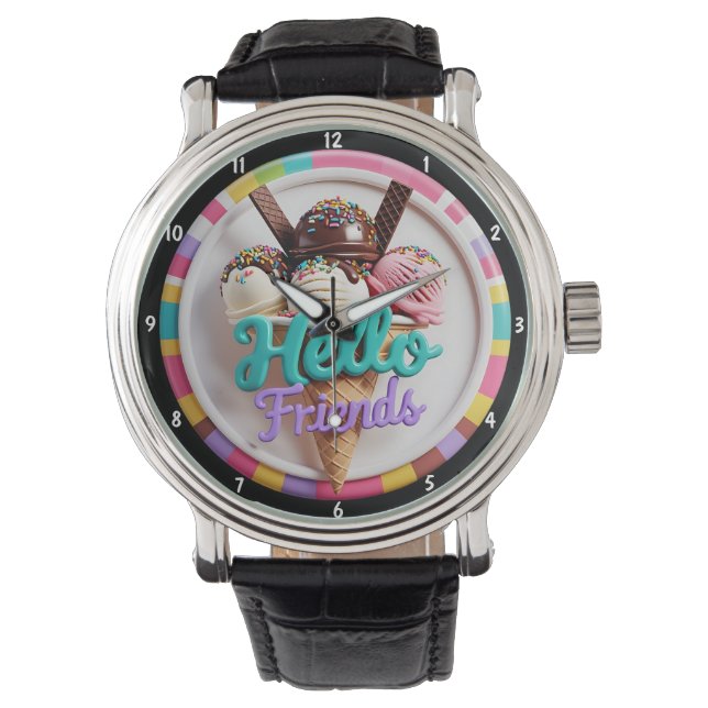 Kleurrijk Ijsje Pret Sprinkels Vriendelijk Bericht Horloge (Voorkant)