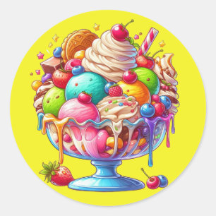 Kleurrijk Ijsje Sundae – Illustratie van een Mooie Ronde Sticker