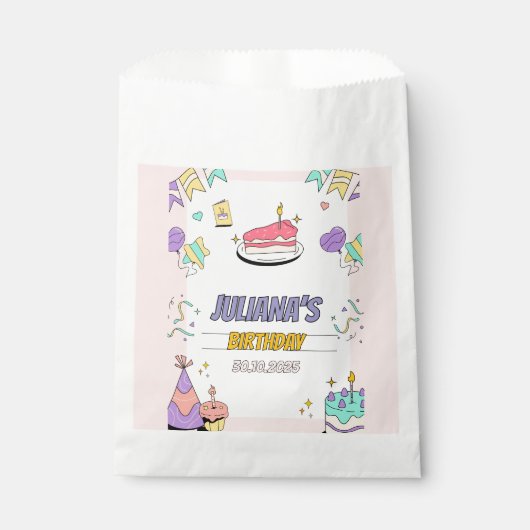 Kleurrijk illustratief verjaardagsfeestje bedankzakje (Voorkant)