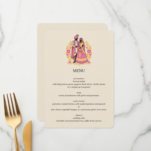 Kleurrijk Indiaas Paar Menu (Voorkant / Achterkant in situ)