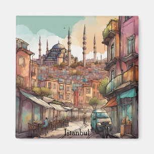 Kleurrijk Istanbul Aquarel Schilderij Silhouet Magneet