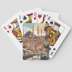 Kleurrijk Istanbul Aquarel Schilderij Silhouet Pokerkaarten