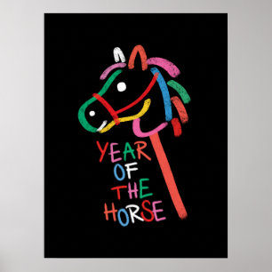 Kleurrijk Jaar van het Paard Handgetekende Kunstpr Poster