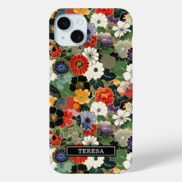 Kleurrijk Japans bloempatroon met monogram iPhone 15 Mini Hoesje