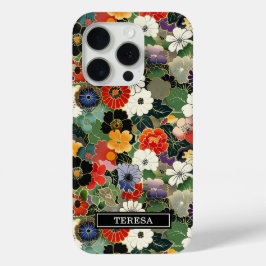 Kleurrijk Japans bloempatroon met monogram iPhone 15 Pro Case