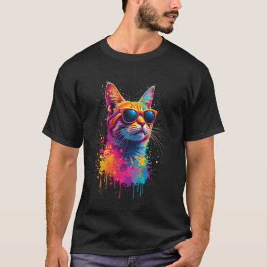 Kleurrijk kattenmotief t-shirt (Voorkant)