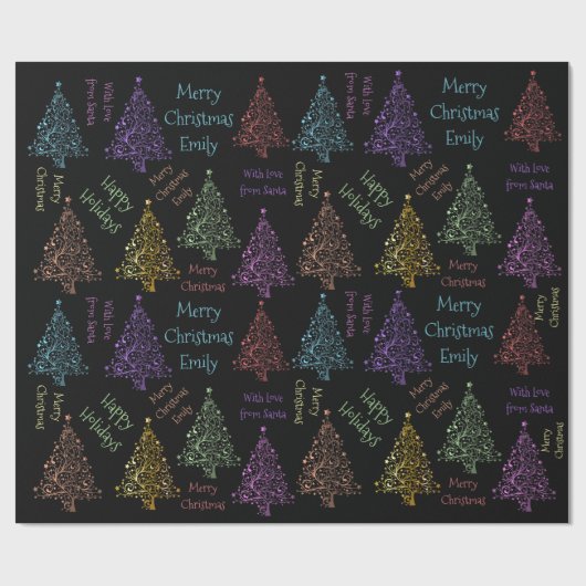 Kleurrijk kerstboompatroon met naam cadeaupapier (Vlak)