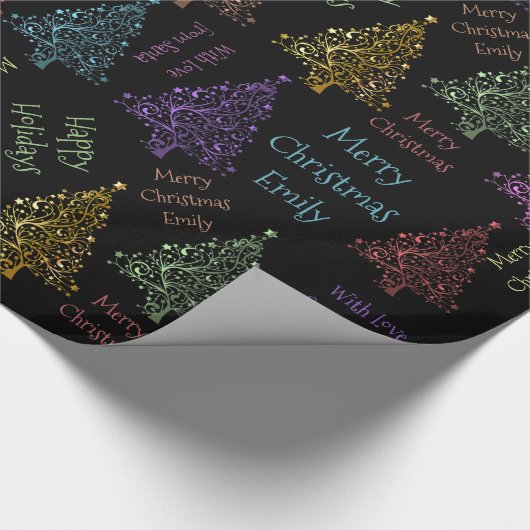 Kleurrijk kerstboompatroon met naam cadeaupapier (Hoek)